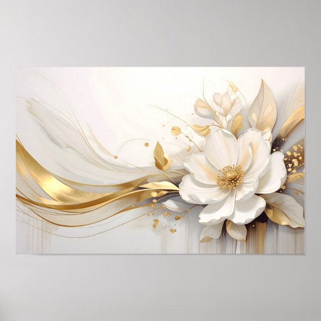  Regal Abstraction: A White Rose Embracing Golden  Poster (Front)