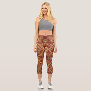 Regal Activewear: Golden Red Ornate Mara Trumpet Capri Leggings