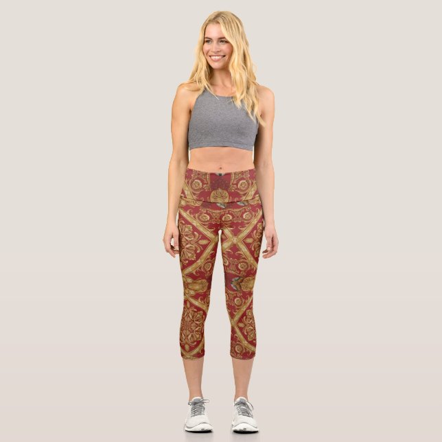 Regal Activewear: Golden Red Ornate Mara Trumpet  Capri Leggings (Front)