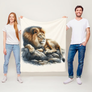 Regal African Lion Resting on a Rock - Watercolor Fleece Blanket