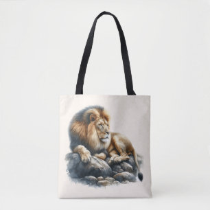 Regal African Lion Resting on a Rock - Watercolor Tote Bag