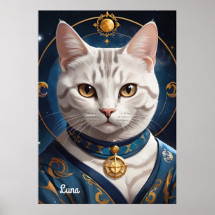 Regal American Shorthair Cat Dressed in Blue Poster