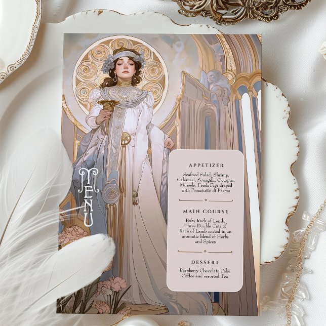 Regal Art Nouveau Wedding Menu Card Gold Accents (Creator Uploaded)