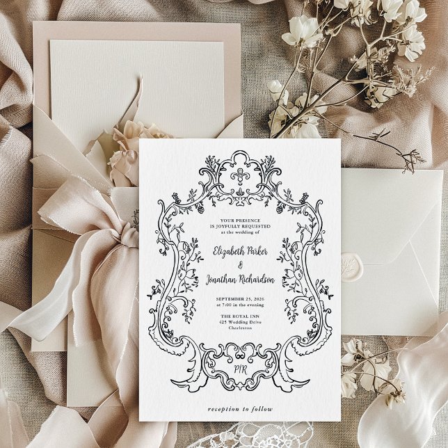 Regal Black and White | Baroque Frame Wedding Invitation (Creator Uploaded)