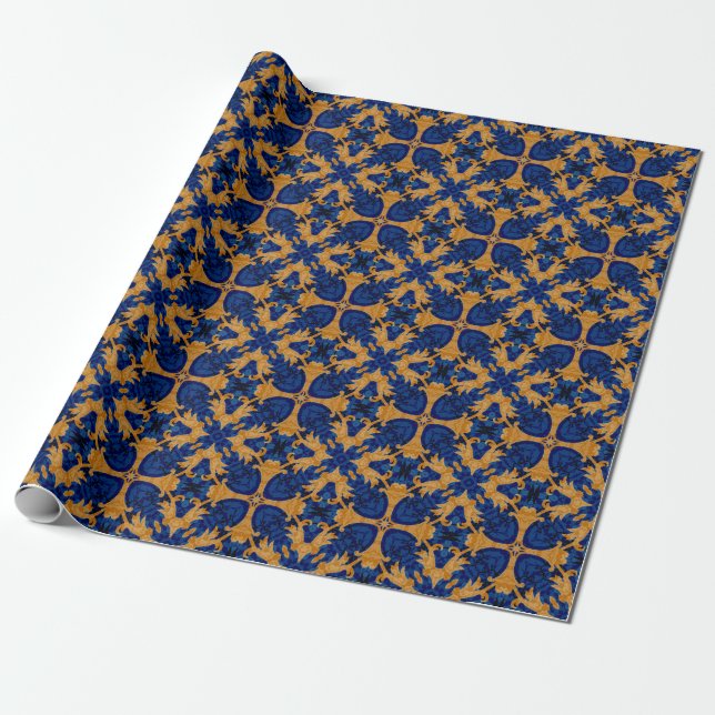 Regal Blue and Gold Motif Crest Heraldry Wrapping Paper (Unrolled)