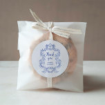 Regal Blue and White Vintage Baroque Frame Wedding Classic Round Sticker<br><div class="desc">These elegant and luxe wedding stickers feature a vintage line art frame with ornate baroque style. The design is blue on a white background. Modern script calligraphy that says "thank you",  and classic text with your names,  make this a classy yet up-to-date contemporary choice for your wedding.</div>