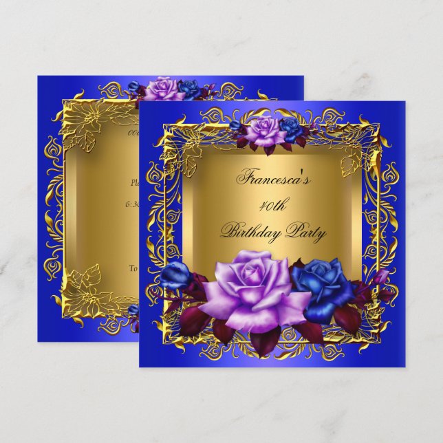 Regal Blue Lilac Roses Gold Elegant Birthday A Invitation (Front/Back)