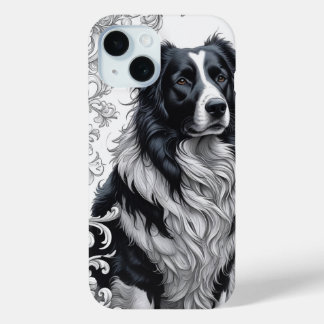 Regal Border Collie with Baroque Floral Frame iPhone 15 Case