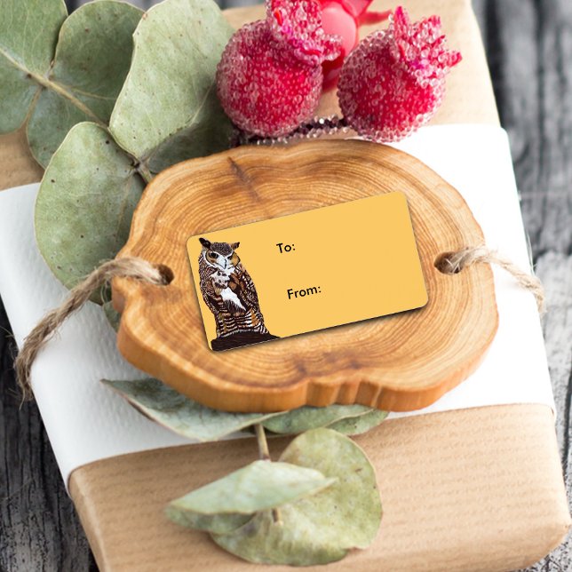 Regal Brown Owl Gift Tag (Majestic brown owl sitting on tree stump on golden yellow gift tab label.)
