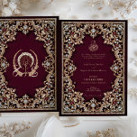 Regal Burgundy Antique Gold Jewels Islamic Wedding Invitation<br><div class="desc">This luxurious Islamic wedding invitation is a masterpiece of elegance and opulence, perfect for announcing your most special day. Set against a deep plum burgundy background, the intricate antique gold scrollwork is embellished with jewelled accents, adding a three-dimensional effect to the ornate design. The front of the invitation is centred...</div>