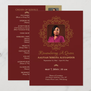 Regal Burgundy & Gold Queen Photo Memorial Program Invitation