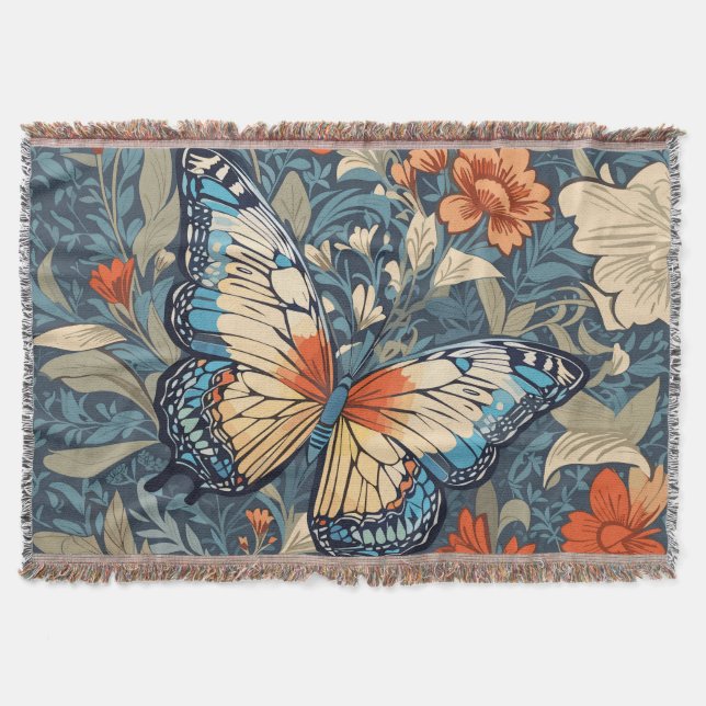 Regal Butterfly Amidst William Morris Floral Throw Blanket (Front)