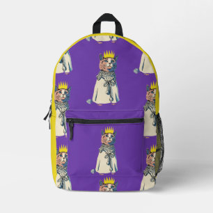 Regal Cat in Crown and Robe Vintage Pop Art Graphi Printed Backpack