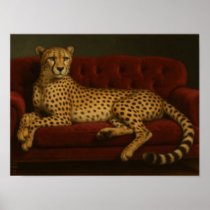 Regal Cheetah on Luxury Crimson Red Velvet Sofa Poster
