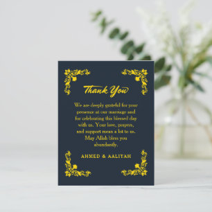 Regal Contrast Midnight Blue & Gold Floral Wedding Thank You Card