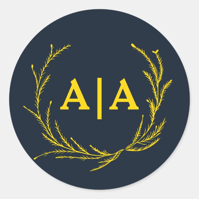 Regal Contrast Midnight Blue & Gold Monogram  Classic Round Sticker (Front)