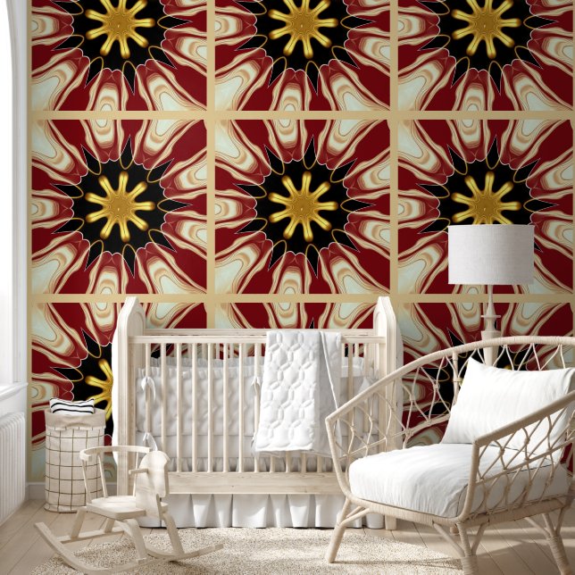 Regal Crimson Starburst: Golden Core Symmetric Des Wallpaper (Kids)