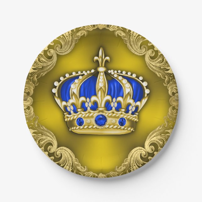 Regal Crown Royal Blue Prince Baby Shower Paper Plate (Front)