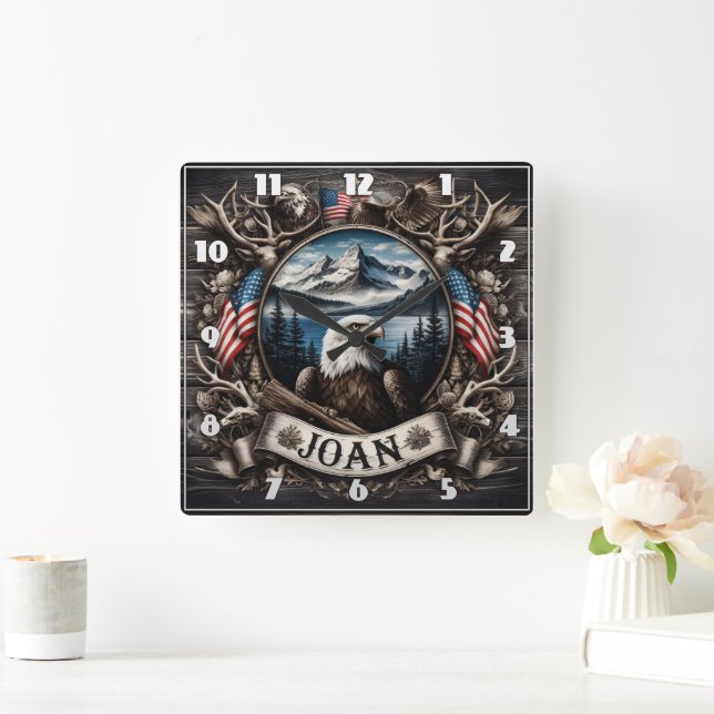 Regal Eagle With Mountains and Flags Square Wall Clock (Home)