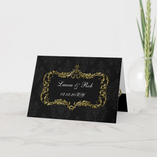 regal flourish black and gold damask thank you card (Front)