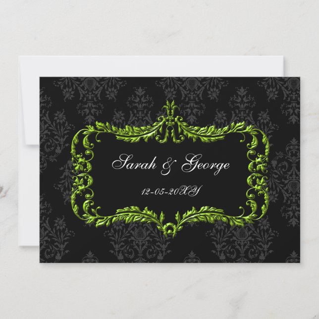 regal flourish black and green damask invites (Front)