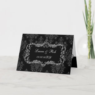 regal flourish black and grey damask thank you card