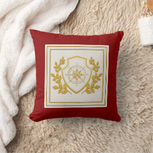Regal Gold Compass Crest & Laurel on Crimson Red Cushion