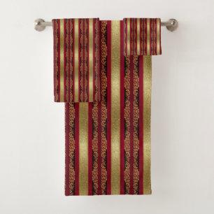 Regal Gold Glitter Stripes and Crimson Bath Towel Set