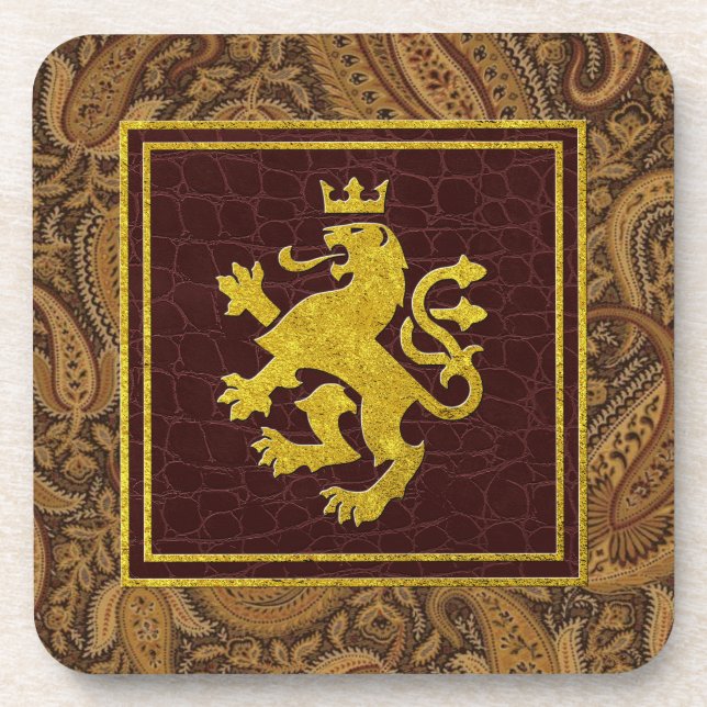 Regal Gold Lion Paisley and Leather Patterns Coaster (Front)