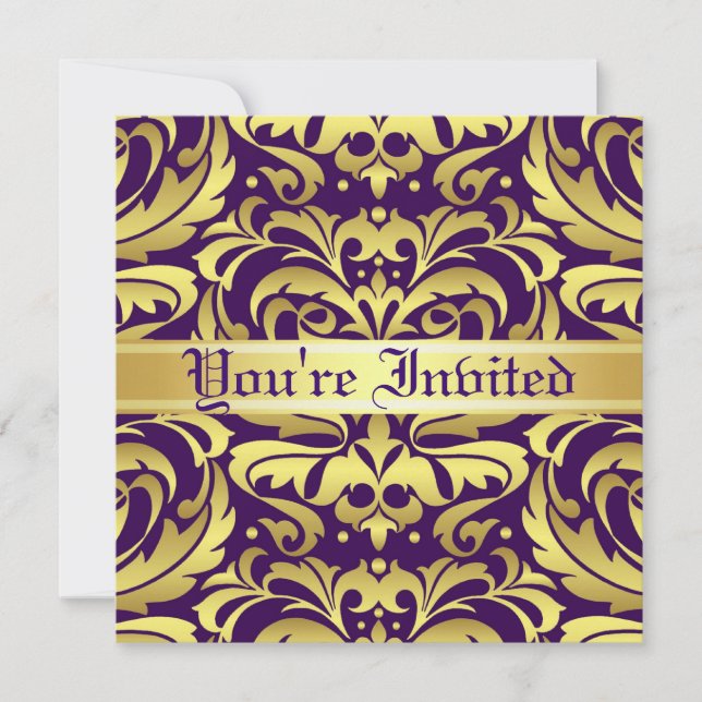 Regal Gold Metal Damask Purple Scroll Invitation (Front)