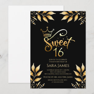 Regal Gold & Obsidian Sweet 16 Birthday Invitation