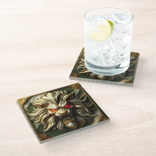 Regal Golden Lion with Intense Red Stare Glass Coaster