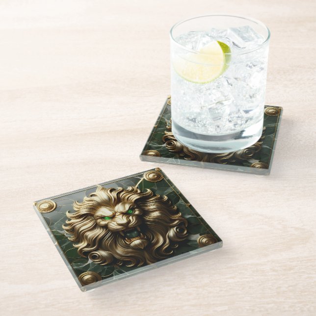 Regal Golden Lion with Striking Details Glass Coaster (Angled)