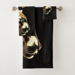 Regal Grace: The Gold Jaguar Adorned with Emeralds Bath Towel Set