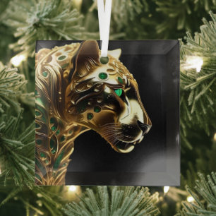 Regal Grace: The Gold Jaguar Adorned with Emeralds Glass Tree Decoration