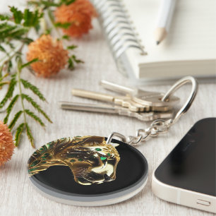 Regal Grace: The Gold Jaguar Adorned with Emeralds Key Ring