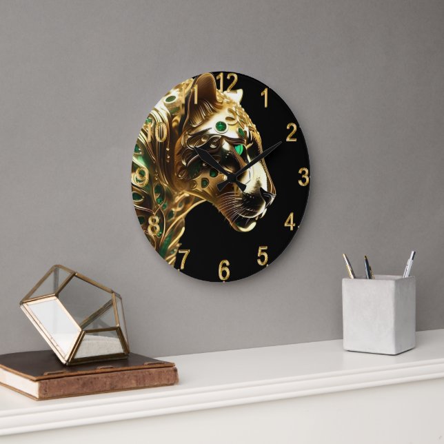 Regal Grace: The Gold Jaguar Adorned with Emeralds Large Clock (Office)