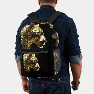 Regal Grace: The Gold Jaguar Adorned with Emeralds Printed Backpack