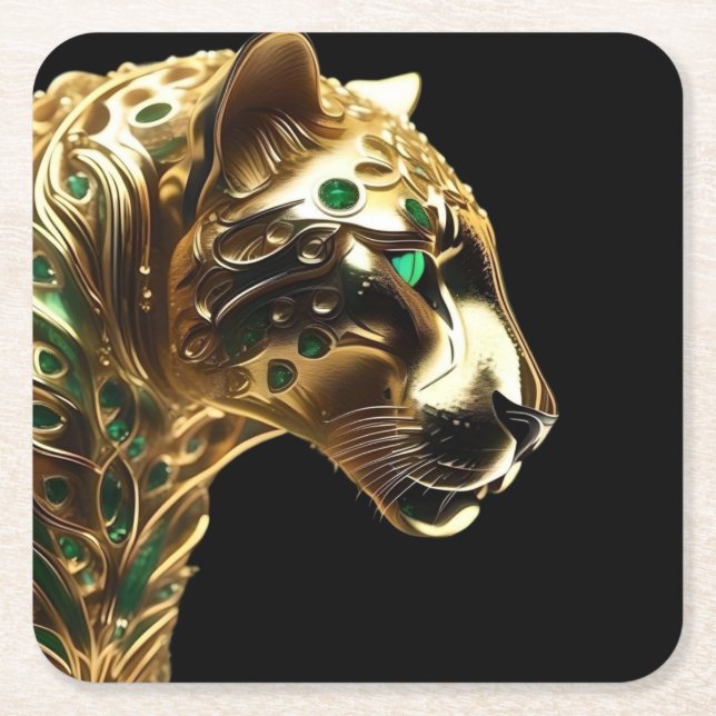 Regal Grace: The Gold Jaguar Adorned with Emeralds Square Paper Coaster (Front)