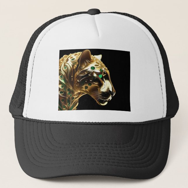 Regal Grace: The Gold Jaguar Adorned with Emeralds Trucker Hat (Front)