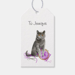 Regal Grey Cat Sewing Personalised Gift Tags