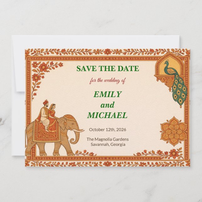 Regal Indian Elephant Gold & Saffron Save the Date (Front)