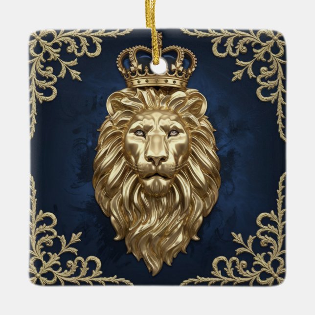 Regal Lion Design - Navy Blue & Gold Luxury  Ceramic Ornament (Front)