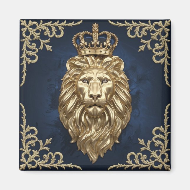 Regal Lion Design - Navy Blue & Gold Luxury Decor Magnet (Front)
