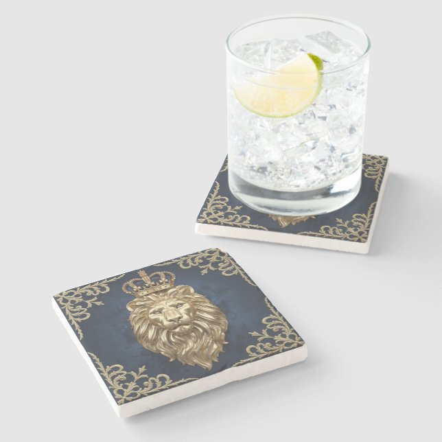 Regal Lion Design - Navy Blue & Gold Luxury Decor Stone Coaster (Side)