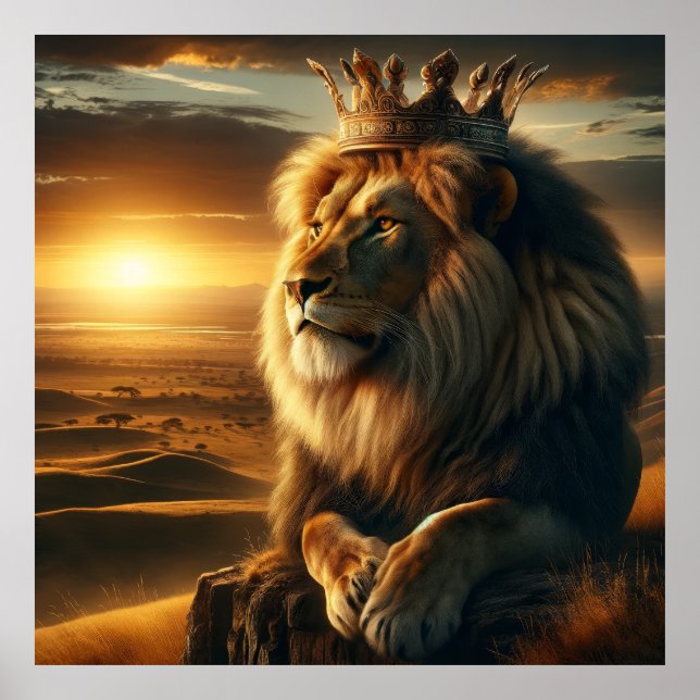 Regal Lion with Crown - Majestic Wildlife Art Poster (Front)
