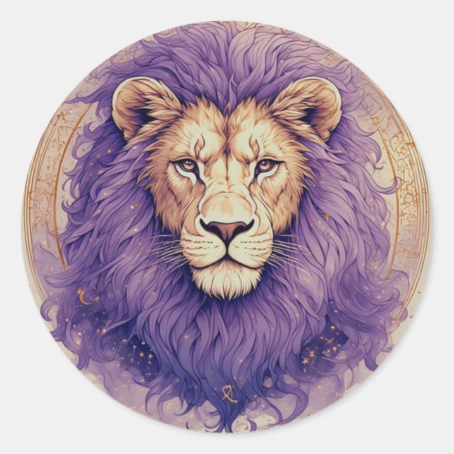 Regal Lion with Purple Mane and Cosmic Accents Classic Round Sticker (Front)