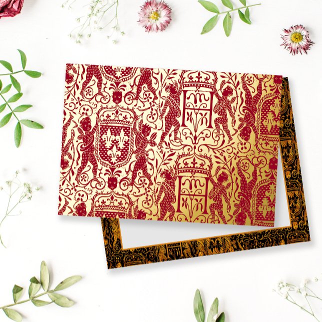 Regal Mediaeval Tapestry Red and Gold Elegant Foil Invitation Postcard (Creator Uploaded)