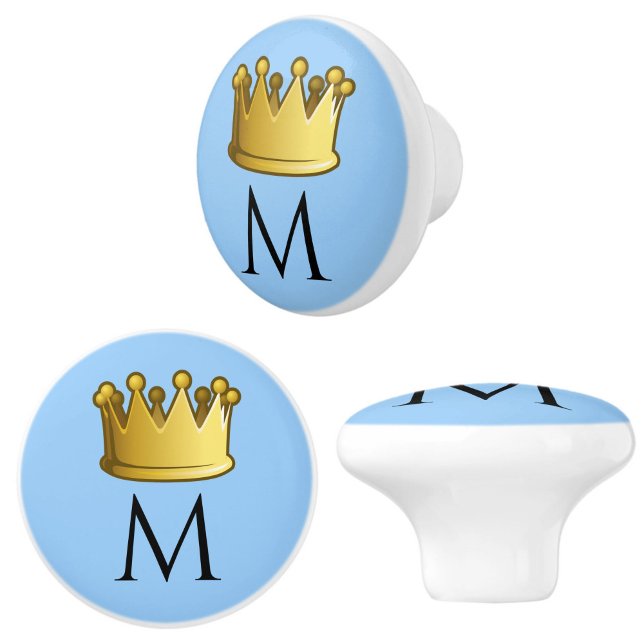 Regal Monogram Crown Powder Blue Ceramic Knob (Add regal charm to your space with these baby blue monogram initial crown knobs!)
