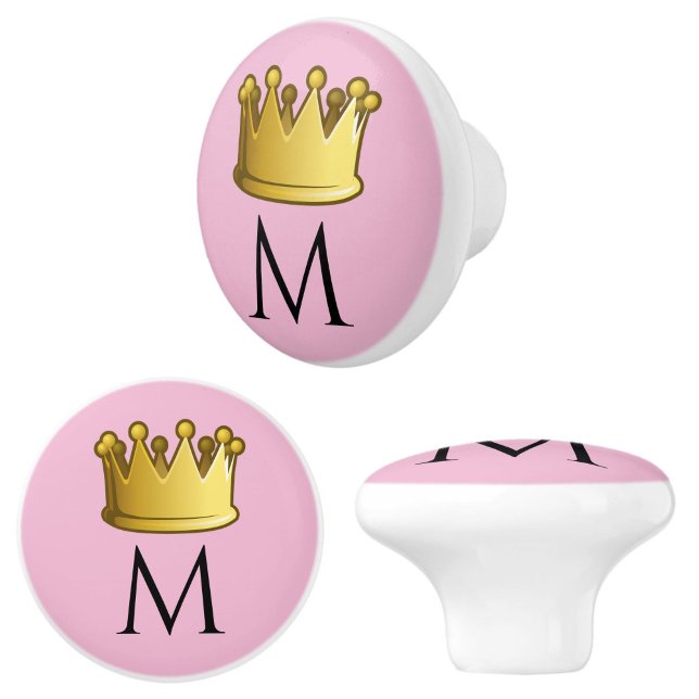 Regal Monogram Crown Soft Rose Pink Ceramic Knob (Add regal charm to your cabinets or furniture with these soft pink monogram initial knobs!)